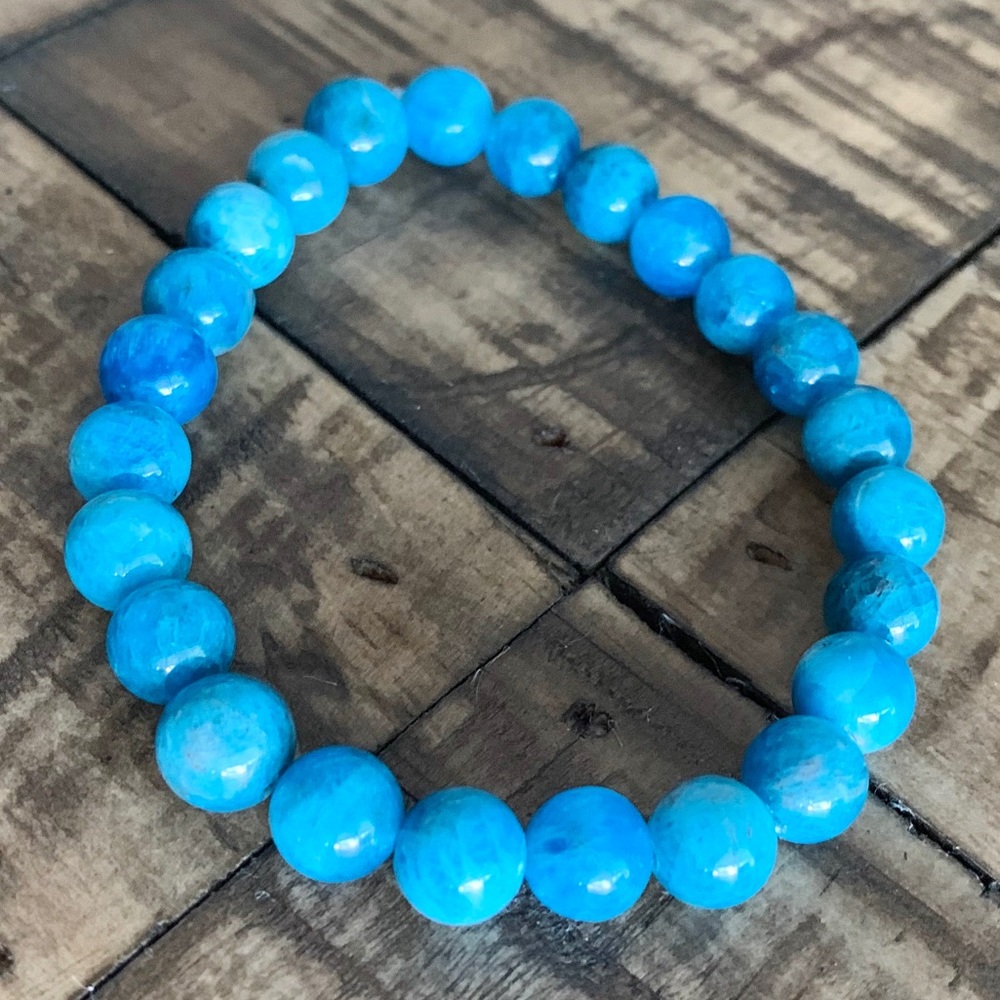 7.5mm Blue Apatite Bead Chakra Bracelet Handmade - Picture 2 of 9